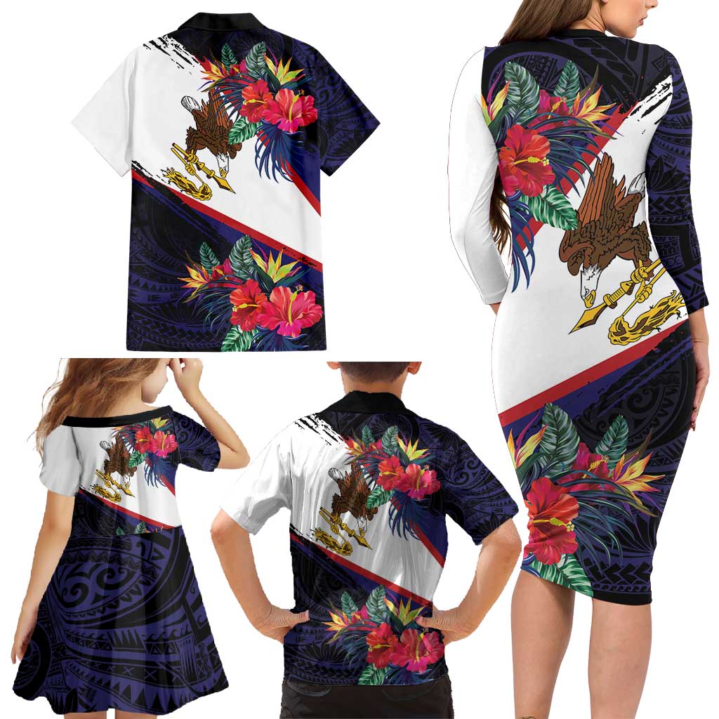 American Samoa Flag Day Since 1900 Family Matching Long Sleeve Bodycon Dress and Hawaiian Shirt Samoa Muamua Le Atua Tropical Flowers