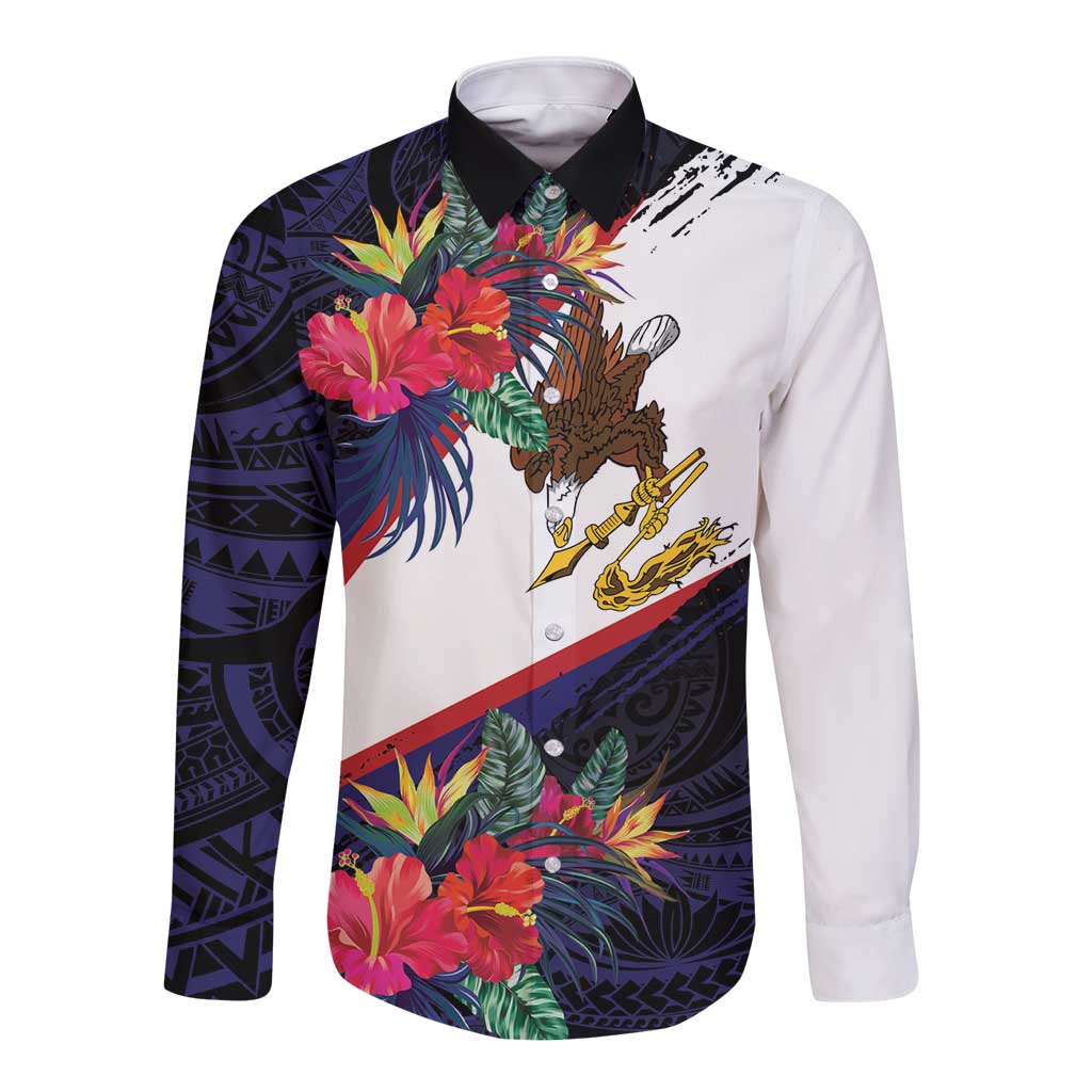 American Samoa Flag Day Since 1900 Long Sleeve Button Shirt Samoa Muamua Le Atua Tropical Flowers
