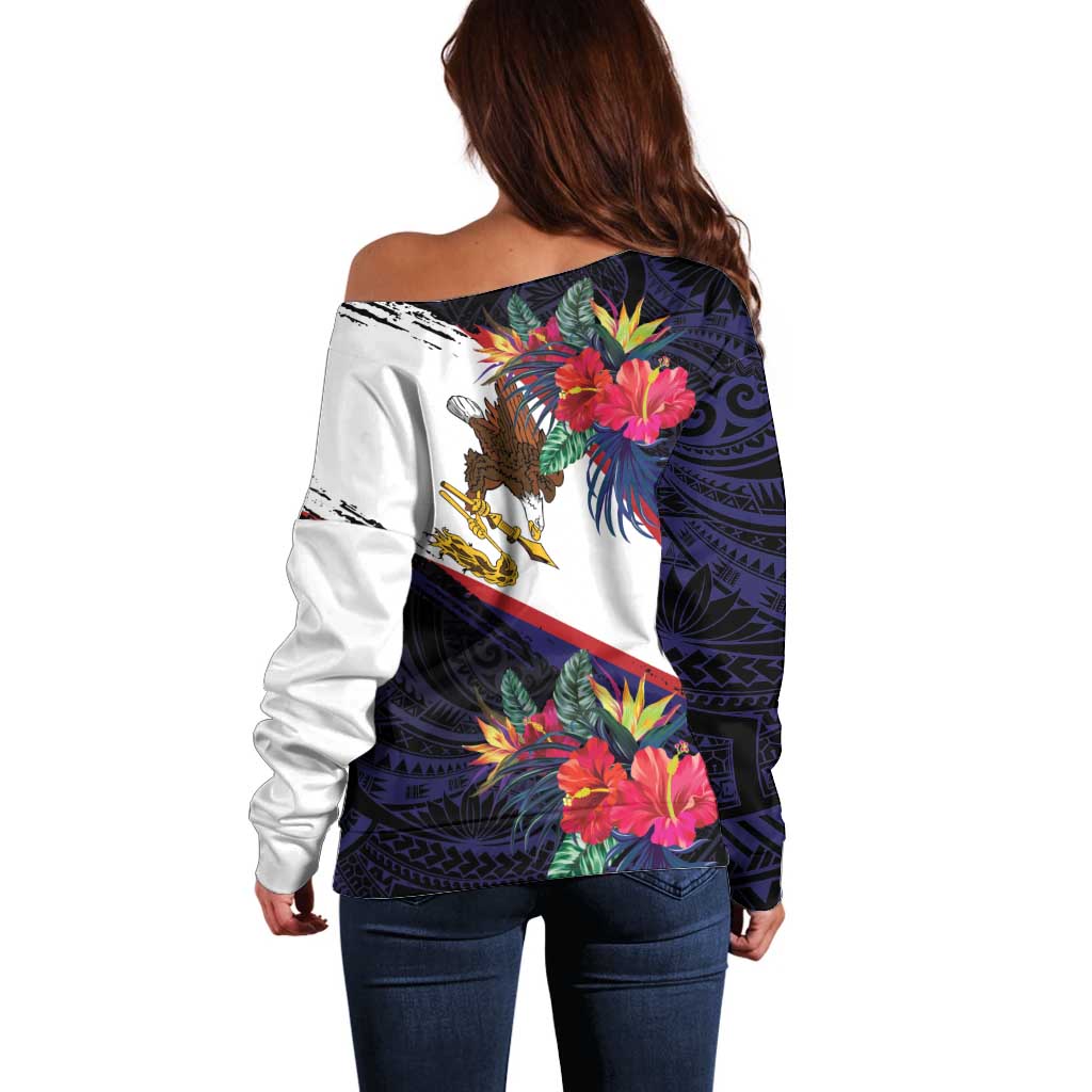 American Samoa Flag Day Since 1900 Off Shoulder Sweater Samoa Muamua Le Atua Tropical Flowers