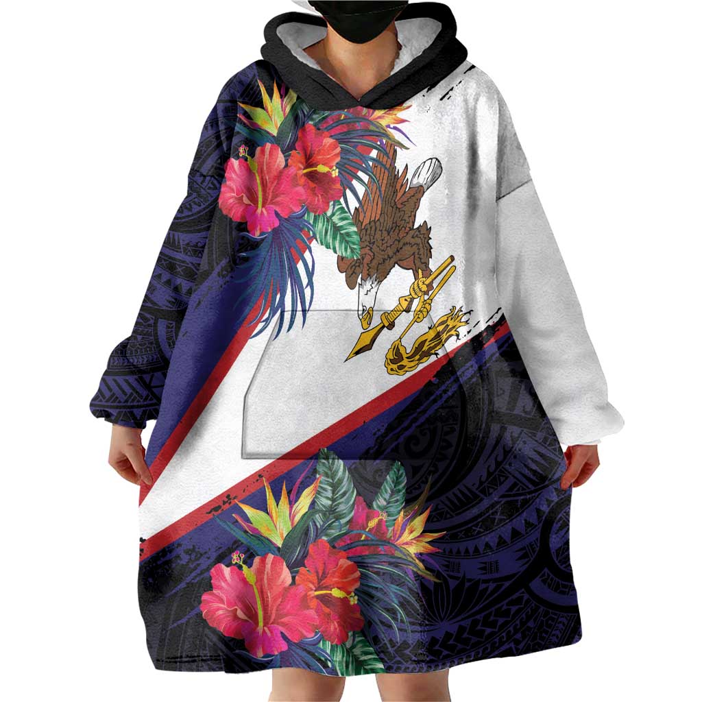 American Samoa Flag Day Since 1900 Wearable Blanket Hoodie Samoa Muamua Le Atua Tropical Flowers
