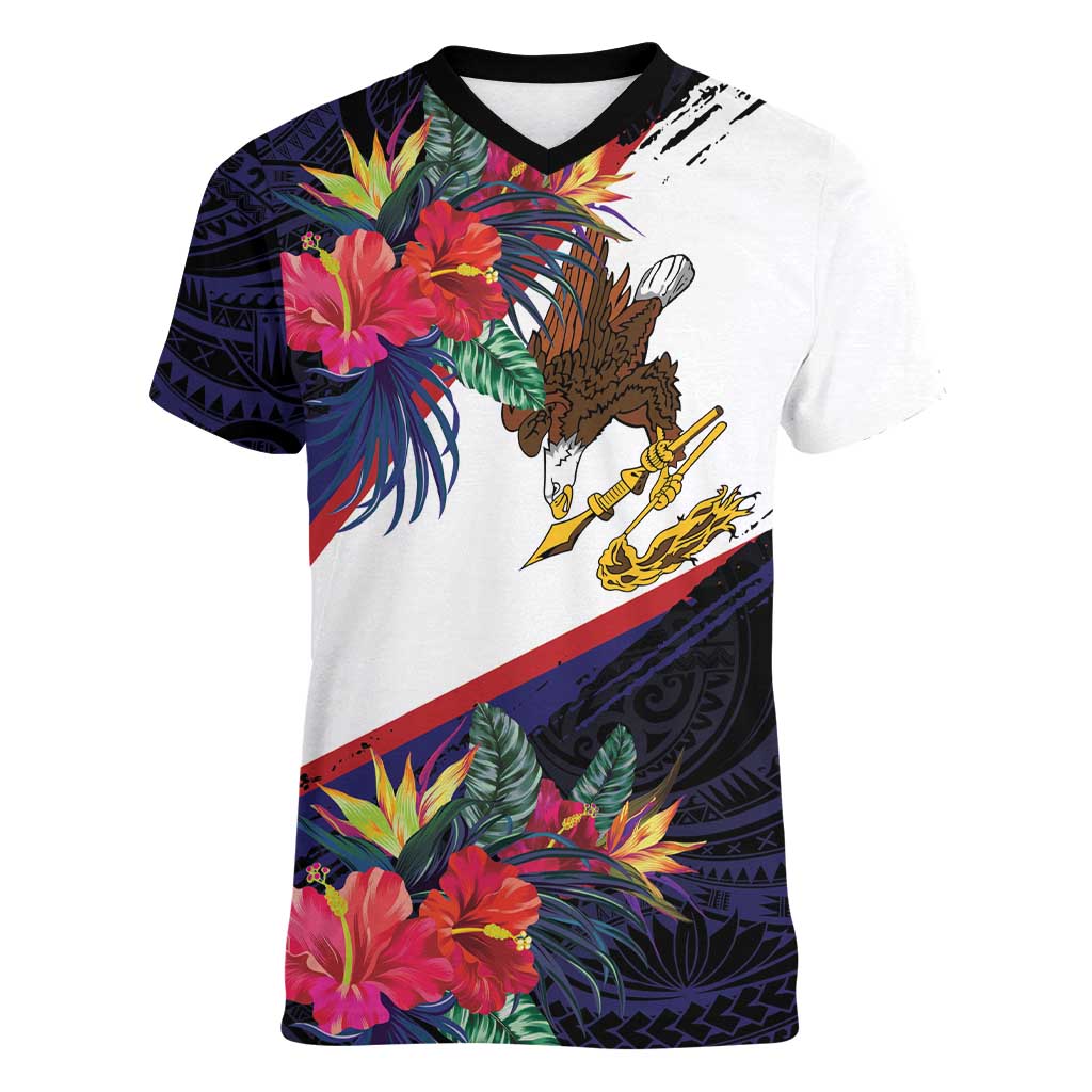 American Samoa Flag Day Since 1900 Women V-Neck T-Shirt Samoa Muamua Le Atua Tropical Flowers