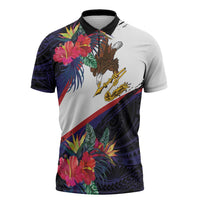 American Samoa Flag Day Since 1900 Zipper Polo Shirt Samoa Muamua Le Atua Tropical Flowers - Polynesian Pride