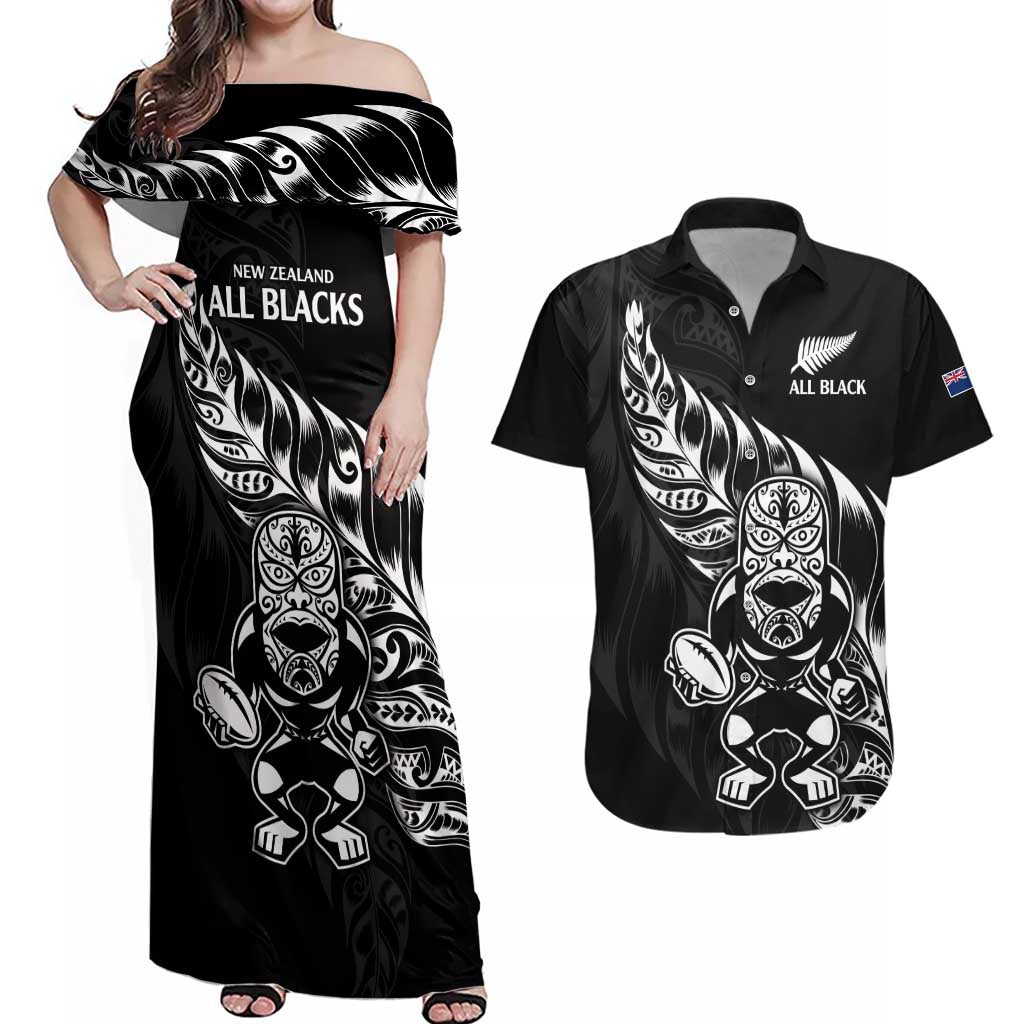 New Zealand Rugby Custom Couples Matching Off Shoulder Maxi Dress and Hawaiian Shirt Opango All Black Fern LT9 Black - Polynesian Pride
