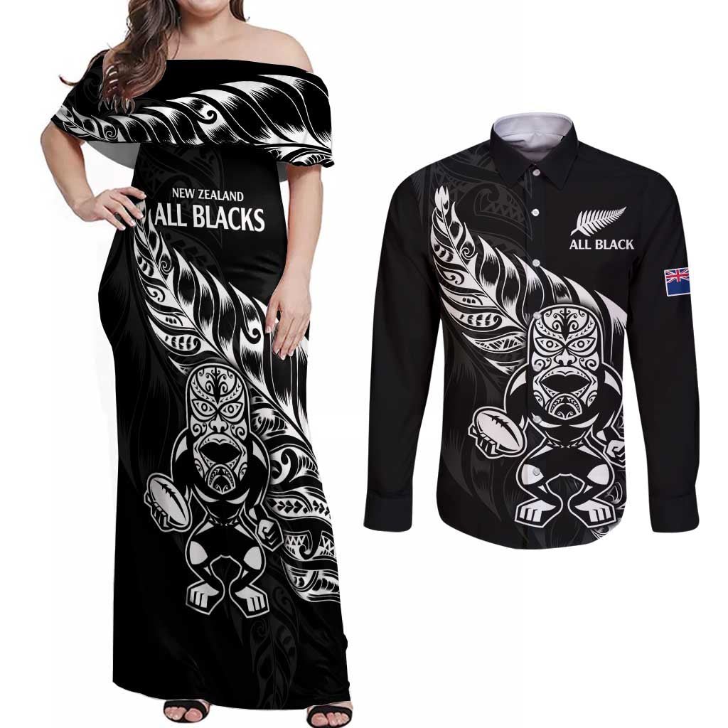 New Zealand Rugby Custom Couples Matching Off Shoulder Maxi Dress and Long Sleeve Button Shirt Opango All Black Fern