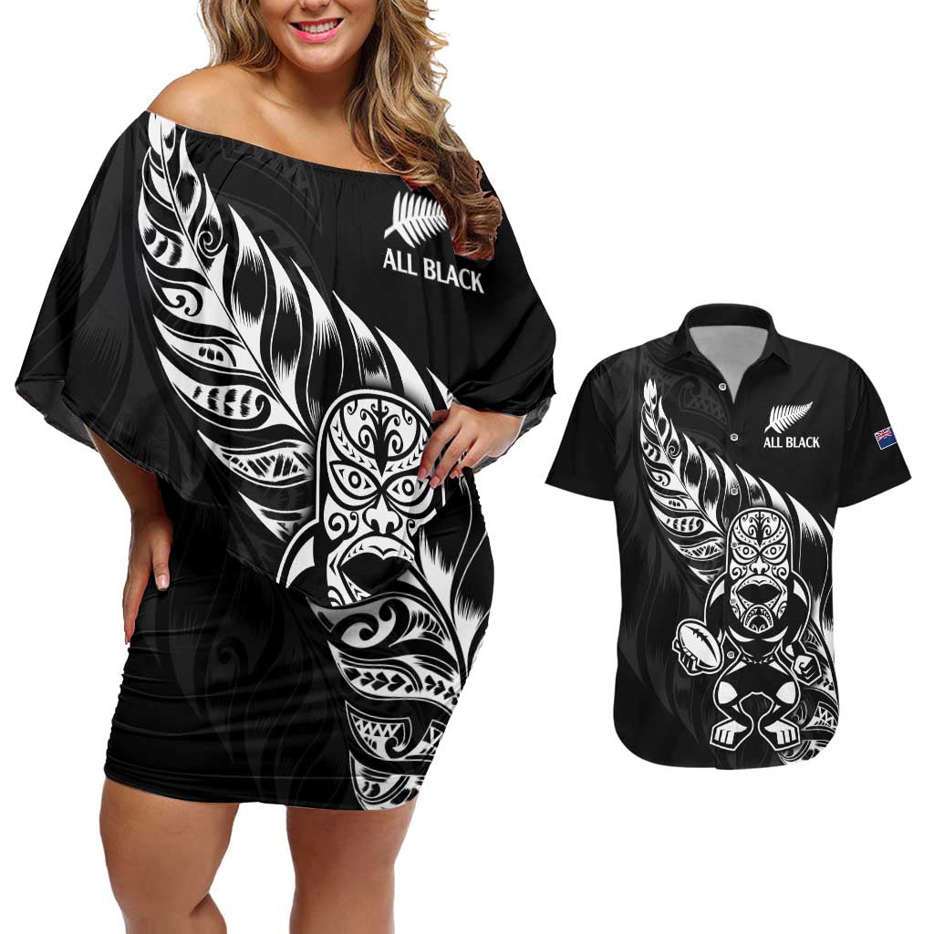 New Zealand Rugby Custom Couples Matching Off Shoulder Short Dress and Hawaiian Shirt Opango All Black Fern