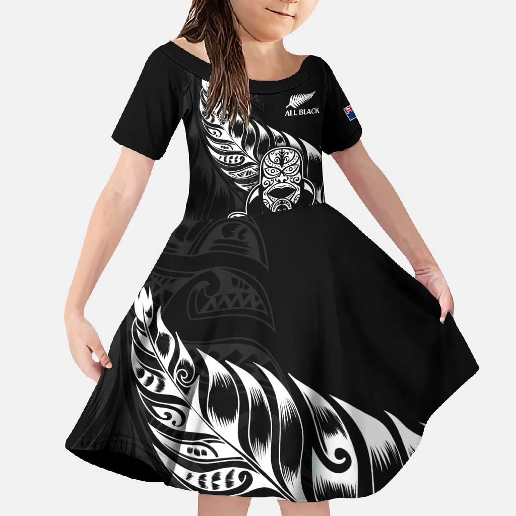 New Zealand Rugby Custom Family Matching Mermaid Dress and Hawaiian Shirt Opango All Black Fern LT9 Daughter's Dress Black - Polynesian Pride