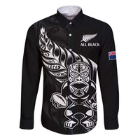 New Zealand Rugby Custom Family Matching Mermaid Dress and Hawaiian Shirt Opango All Black Fern LT9 Dad's Shirt - Long Sleeve Black - Polynesian Pride