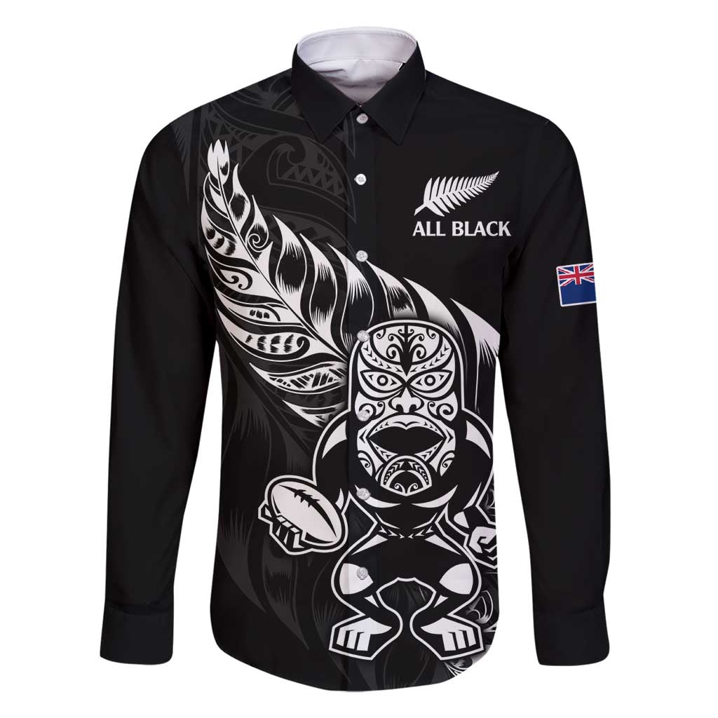 New Zealand Rugby Custom Family Matching Tank Maxi Dress and Hawaiian Shirt Opango All Black Fern LT9 Dad's Shirt - Long Sleeve Black - Polynesian Pride