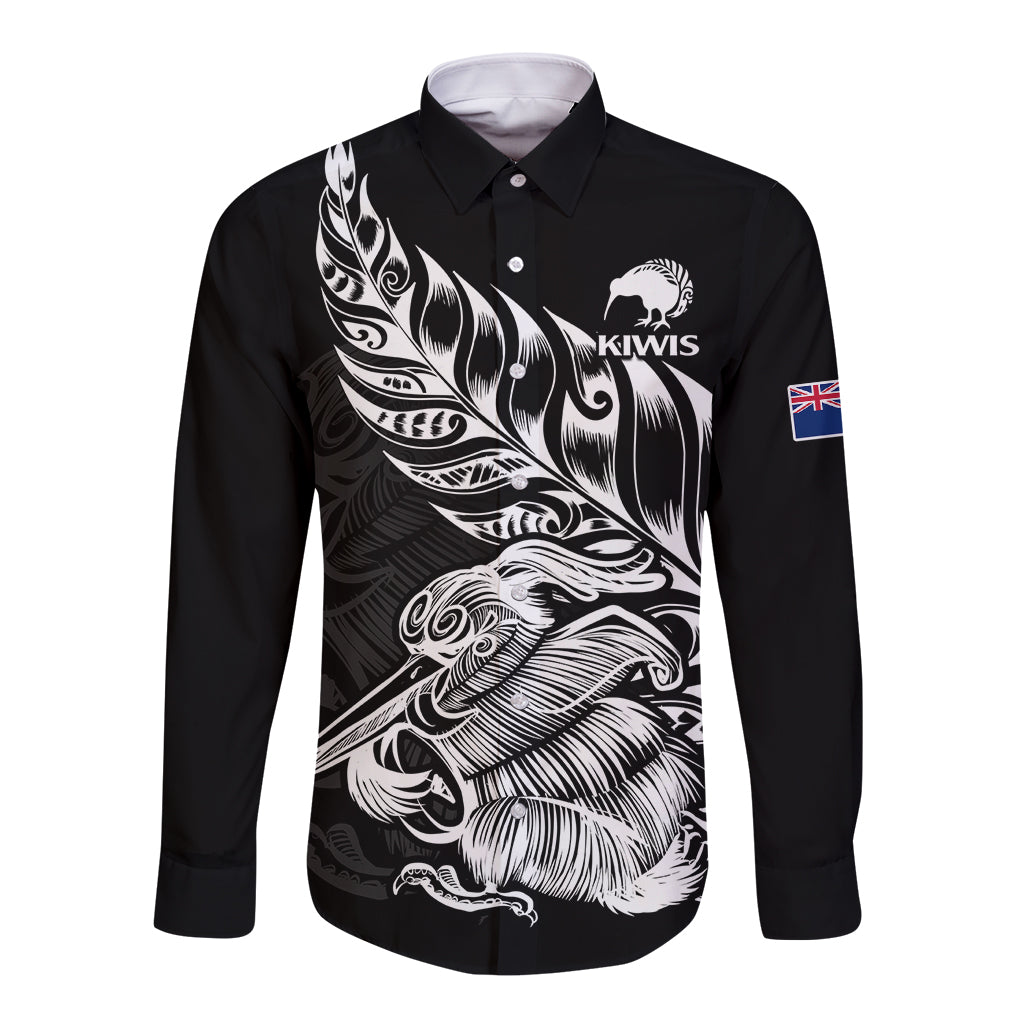 (Custom Text And Number) New Zealand Kiwi Rugby Long Sleeve Button Shirt LT9 Unisex Black - Polynesian Pride