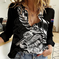 (Custom Text And Number) New Zealand Kiwi Rugby Women Casual Shirt LT9 Female Black - Polynesian Pride