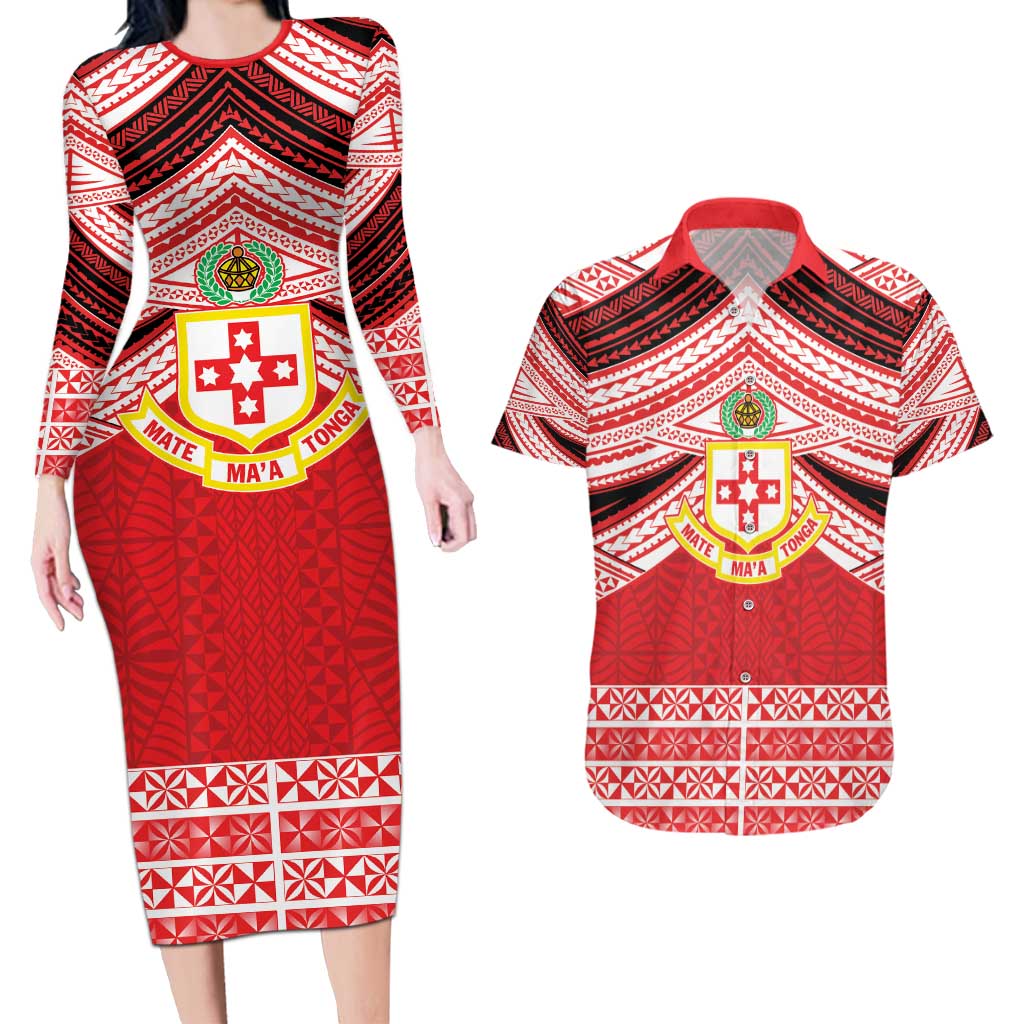 Personalised Kolisi Tonga College Atele Couples Matching Long Sleeve Bodycon Dress and Hawaiian Shirt Polynesian Ngatu Tribal