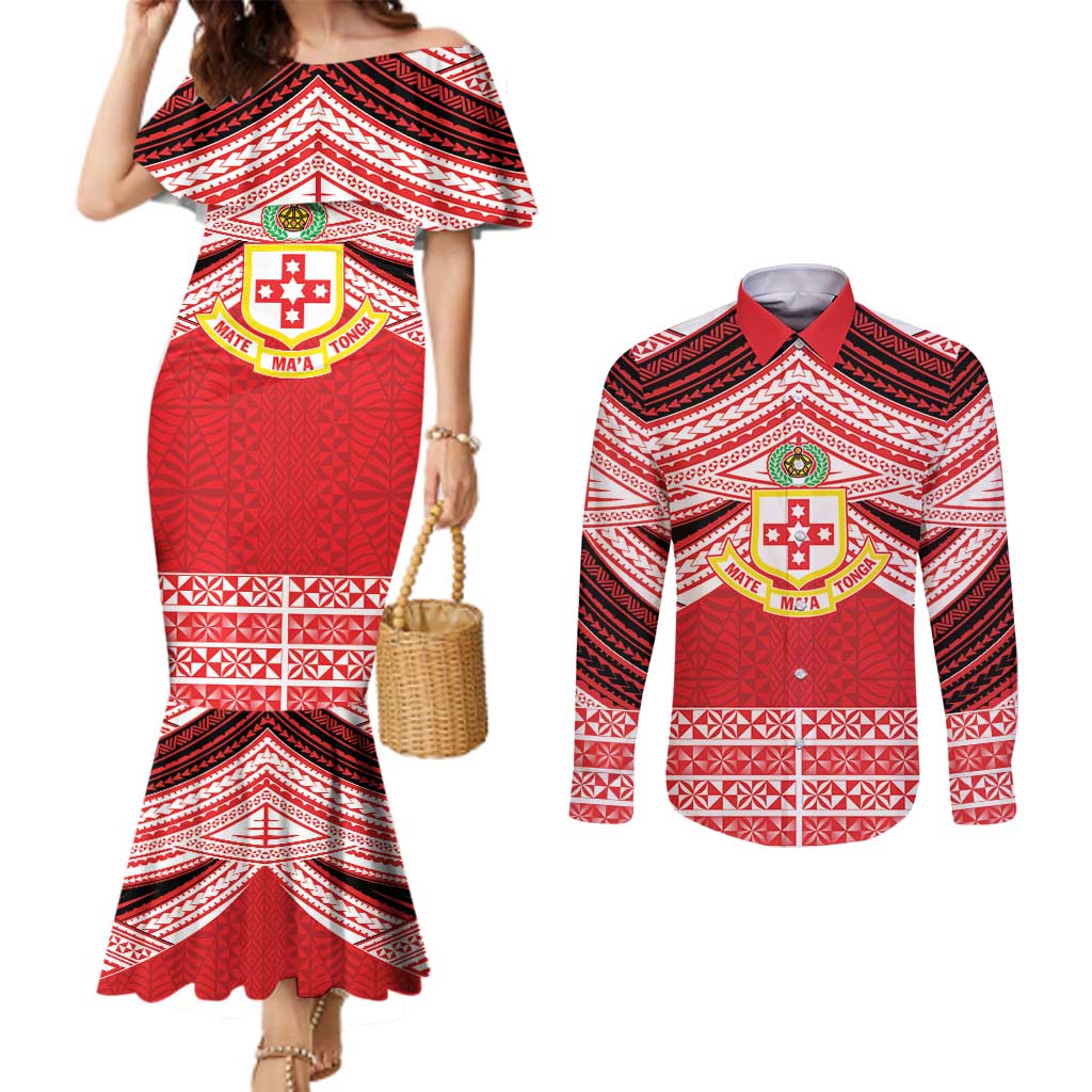 Personalised Kolisi Tonga College Atele Couples Matching Mermaid Dress and Long Sleeve Button Shirt Polynesian Ngatu Tribal