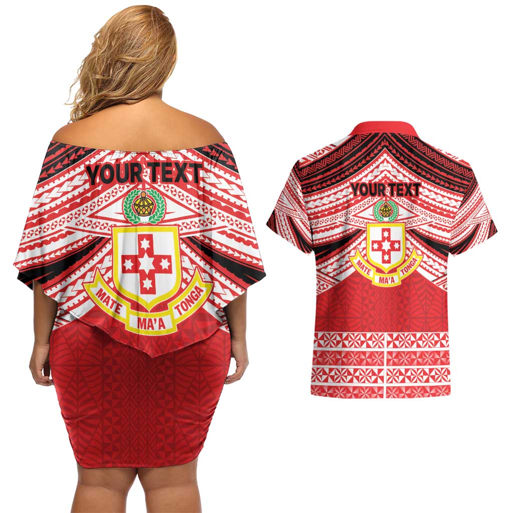 Personalised Kolisi Tonga College Atele Couples Matching Off Shoulder Short Dress and Hawaiian Shirt Polynesian Ngatu Tribal
