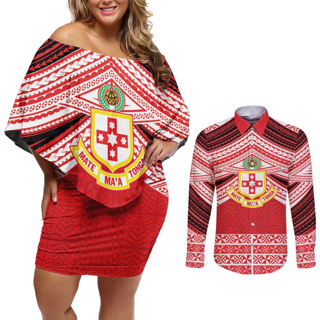 Personalised Kolisi Tonga College Atele Couples Matching Off Shoulder Short Dress and Long Sleeve Button Shirt Polynesian Ngatu Tribal