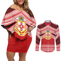 Personalised Kolisi Tonga College Atele Couples Matching Off Shoulder Short Dress and Long Sleeve Button Shirt Polynesian Ngatu Tribal