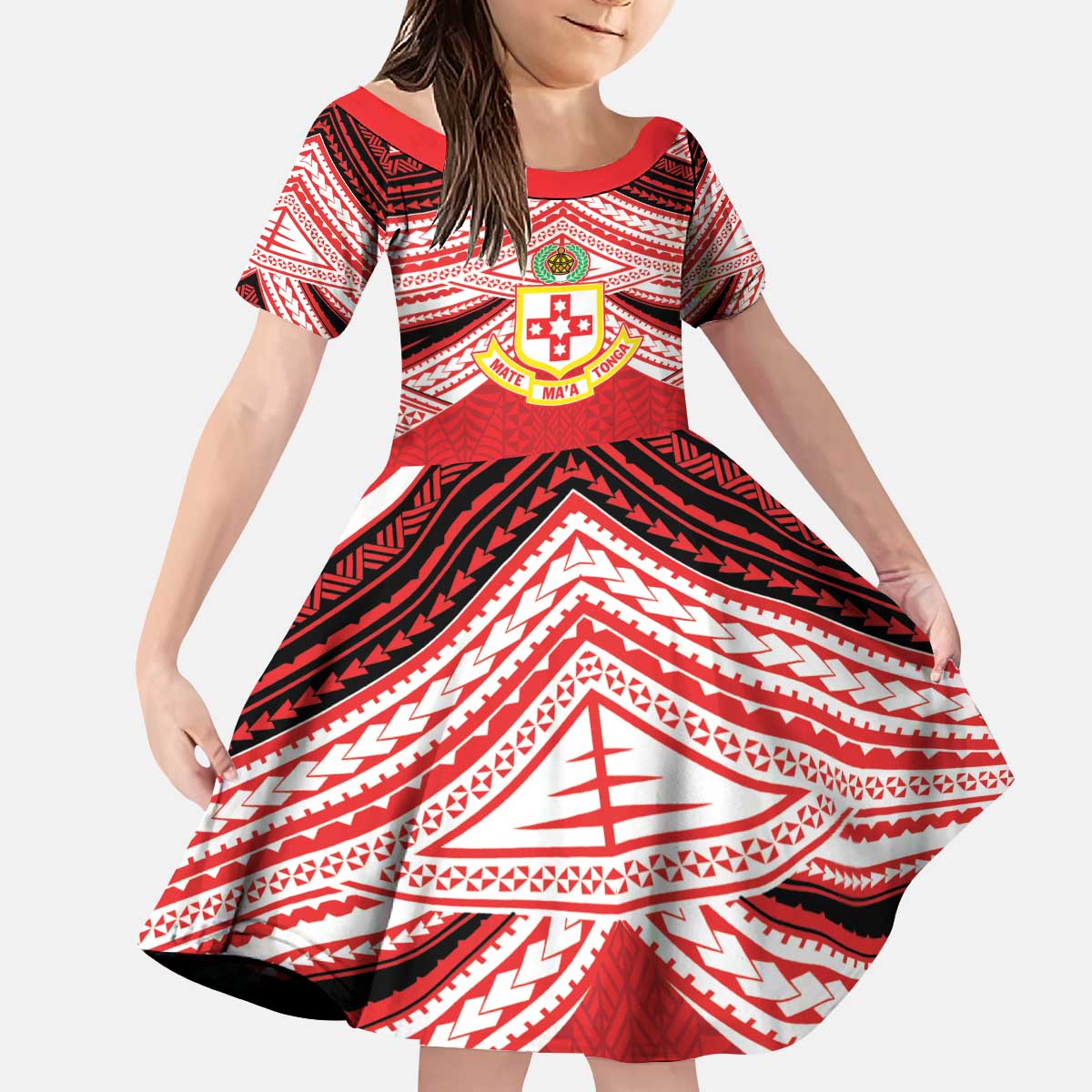 Personalised Kolisi Tonga College Atele Kid Short Sleeve Dress Polynesian Ngatu Tribal