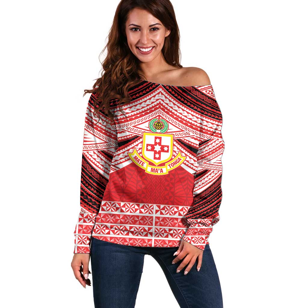 Personalised Kolisi Tonga College Atele Off Shoulder Sweater Polynesian Ngatu Tribal