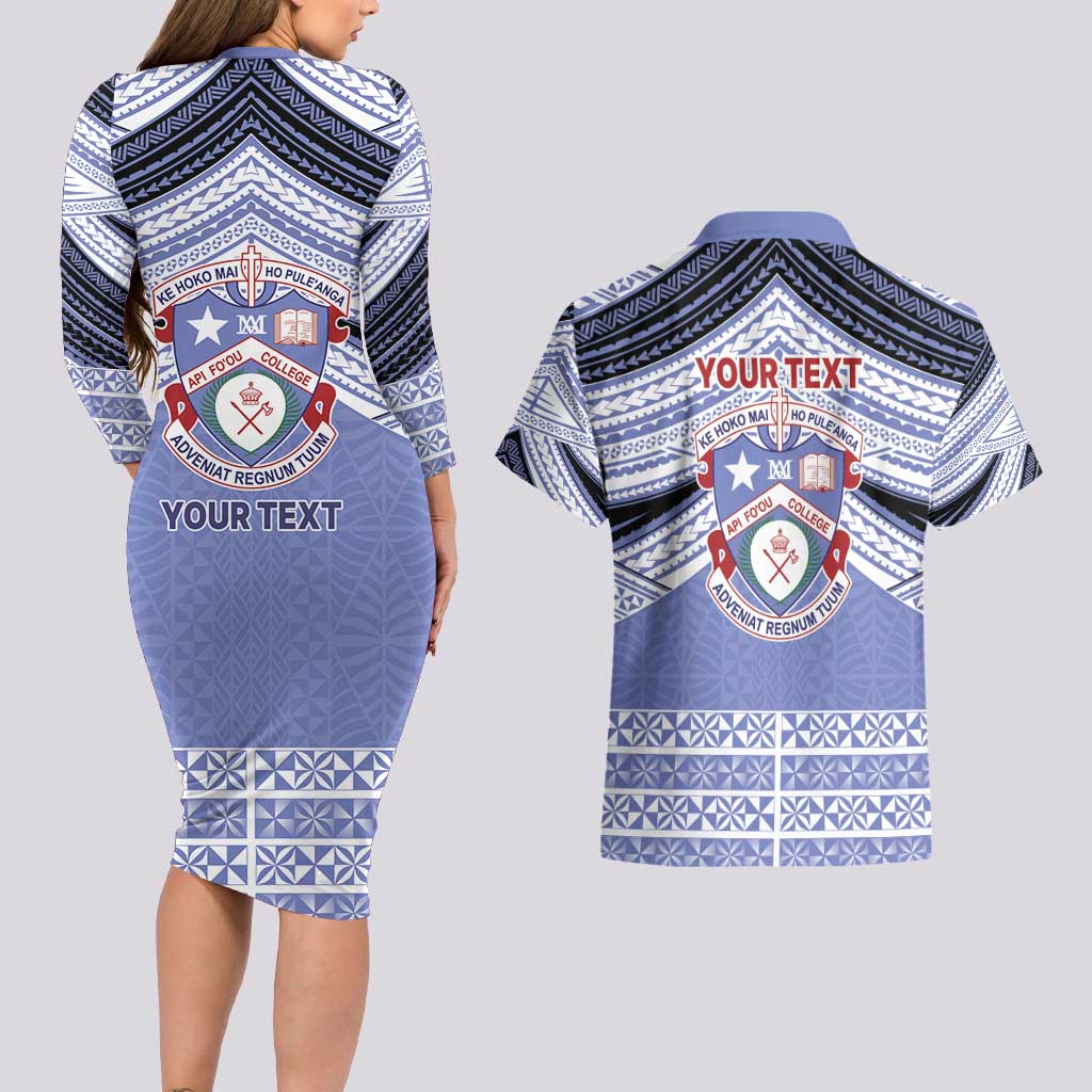 Personalised Tonga Apifoou College Couples Matching Long Sleeve Bodycon Dress and Hawaiian Shirt Polynesian Ngatu Tribal