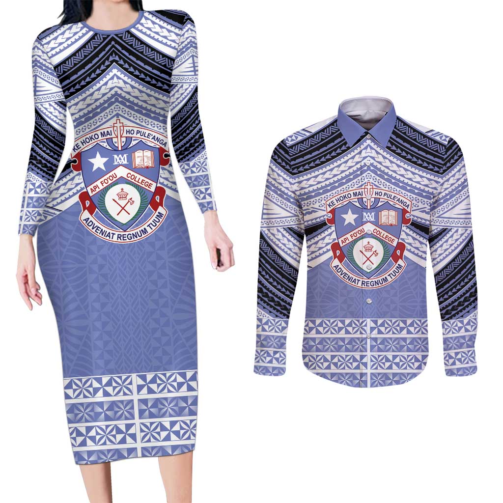 Personalised Tonga Apifoou College Couples Matching Long Sleeve Bodycon Dress and Long Sleeve Button Shirt Polynesian Ngatu Tribal
