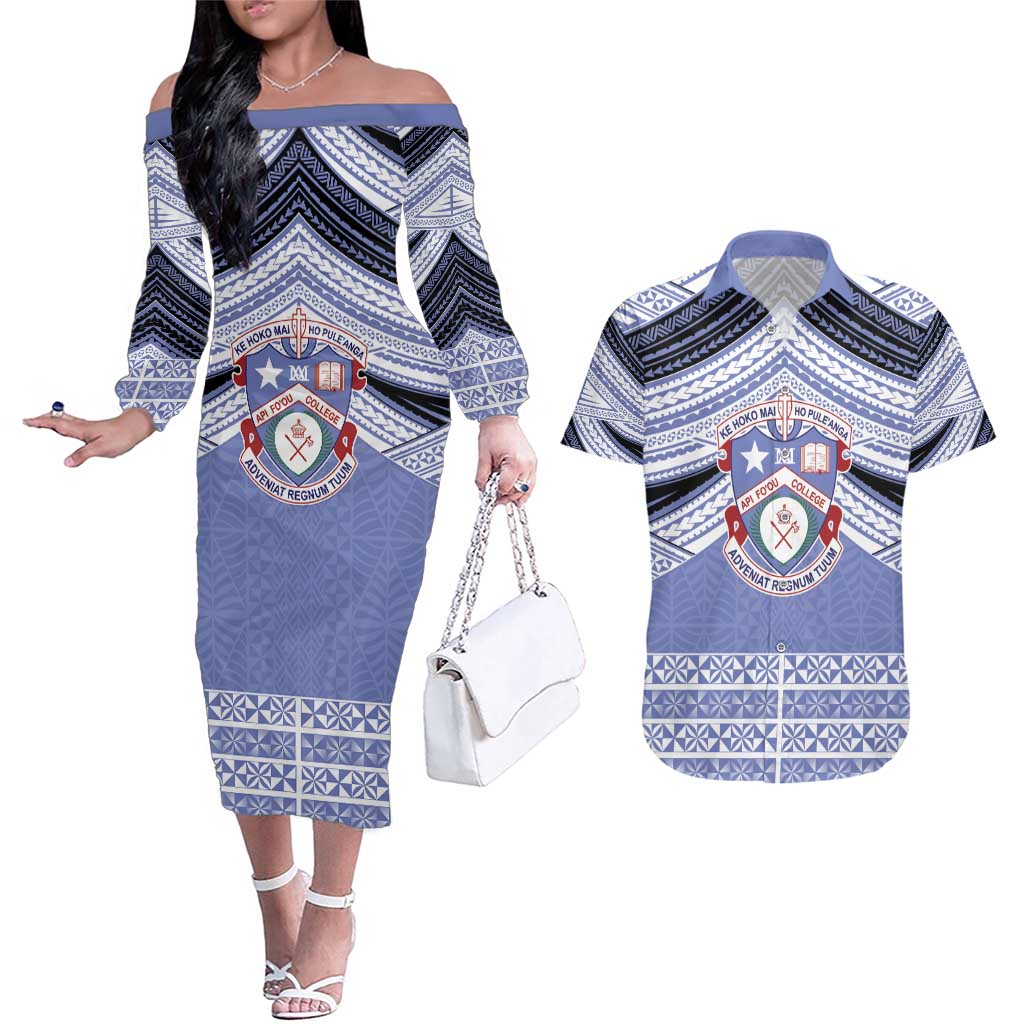 Personalised Tonga Apifoou College Couples Matching Off The Shoulder Long Sleeve Dress and Hawaiian Shirt Polynesian Ngatu Tribal