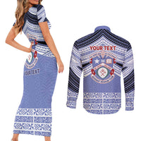 Personalised Tonga Apifoou College Couples Matching Short Sleeve Bodycon Dress and Long Sleeve Button Shirt Polynesian Ngatu Tribal