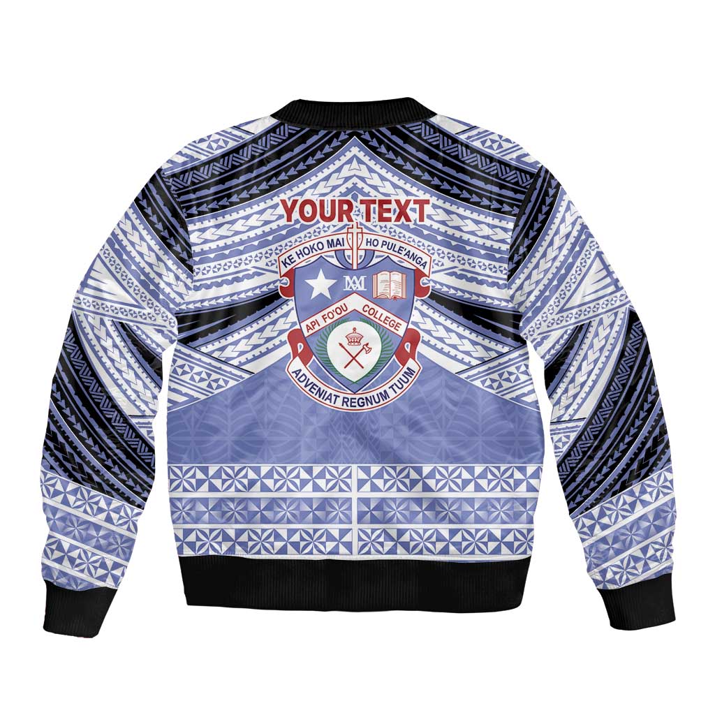 Personalised Tonga Apifoou College Sleeve Zip Bomber Jacket Polynesian Ngatu Tribal