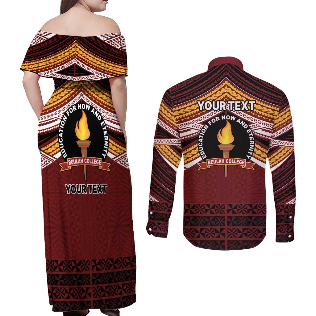 Personalised Tonga Beulah College Couples Matching Off Shoulder Maxi Dress and Long Sleeve Button Shirt Polynesian Ngatu Tribal