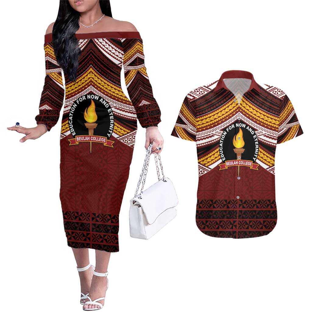 Personalised Tonga Beulah College Couples Matching Off The Shoulder Long Sleeve Dress and Hawaiian Shirt Polynesian Ngatu Tribal
