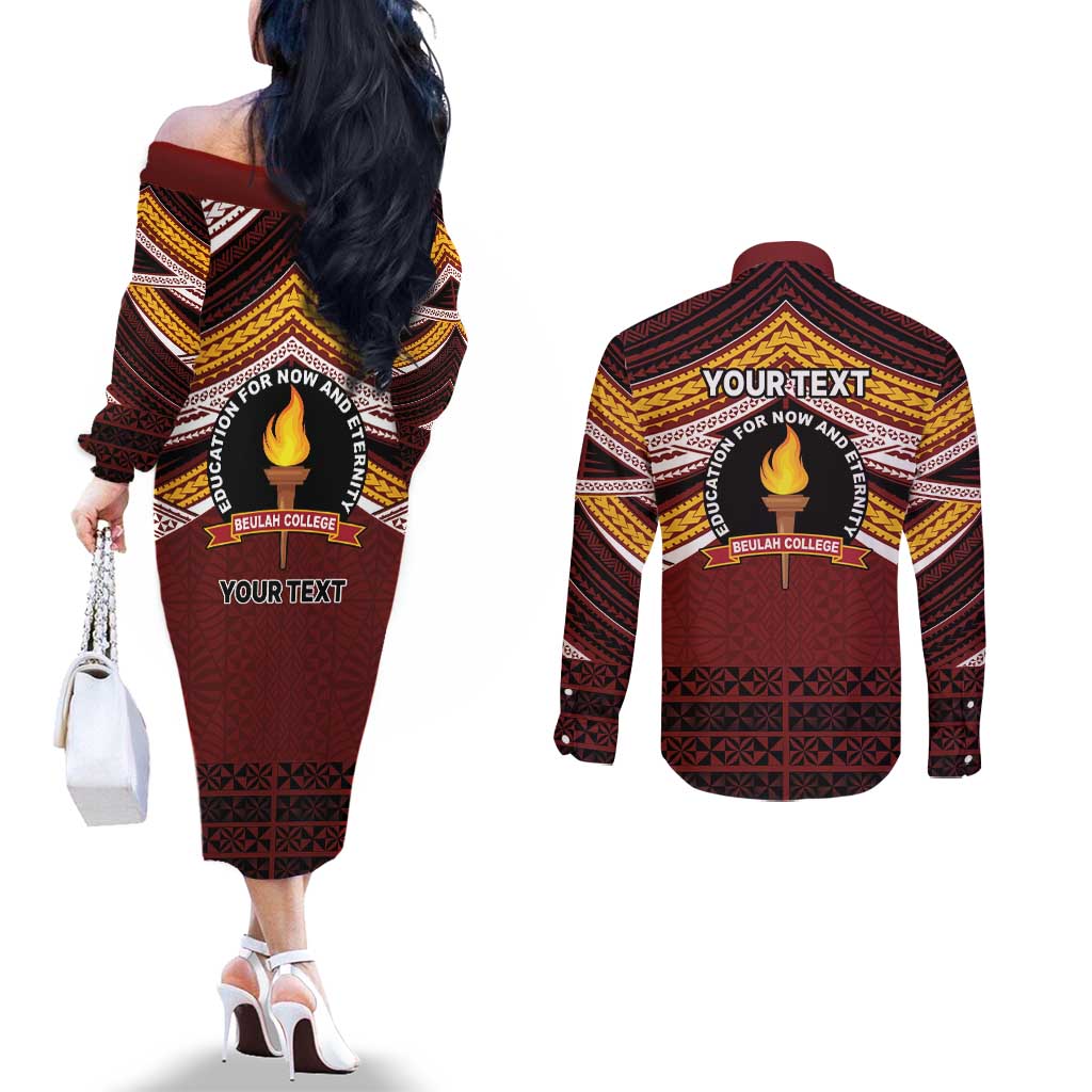 Personalised Tonga Beulah College Couples Matching Off The Shoulder Long Sleeve Dress and Long Sleeve Button Shirt Polynesian Ngatu Tribal