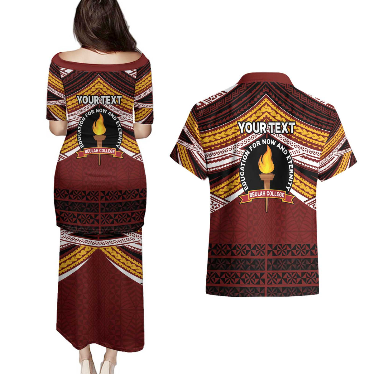 Personalised Tonga Beulah College Couples Matching Puletasi and Hawaiian Shirt Polynesian Ngatu Tribal