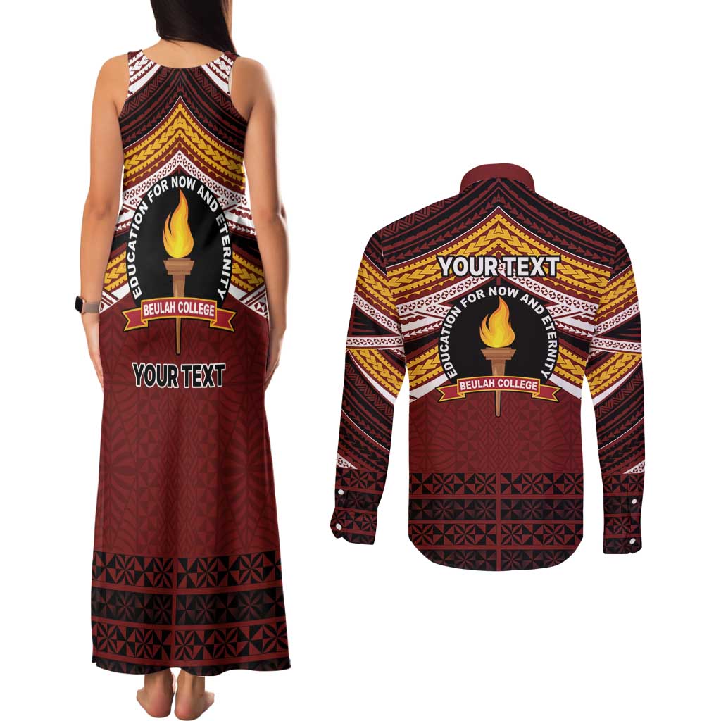 Personalised Tonga Beulah College Couples Matching Tank Maxi Dress and Long Sleeve Button Shirt Polynesian Ngatu Tribal