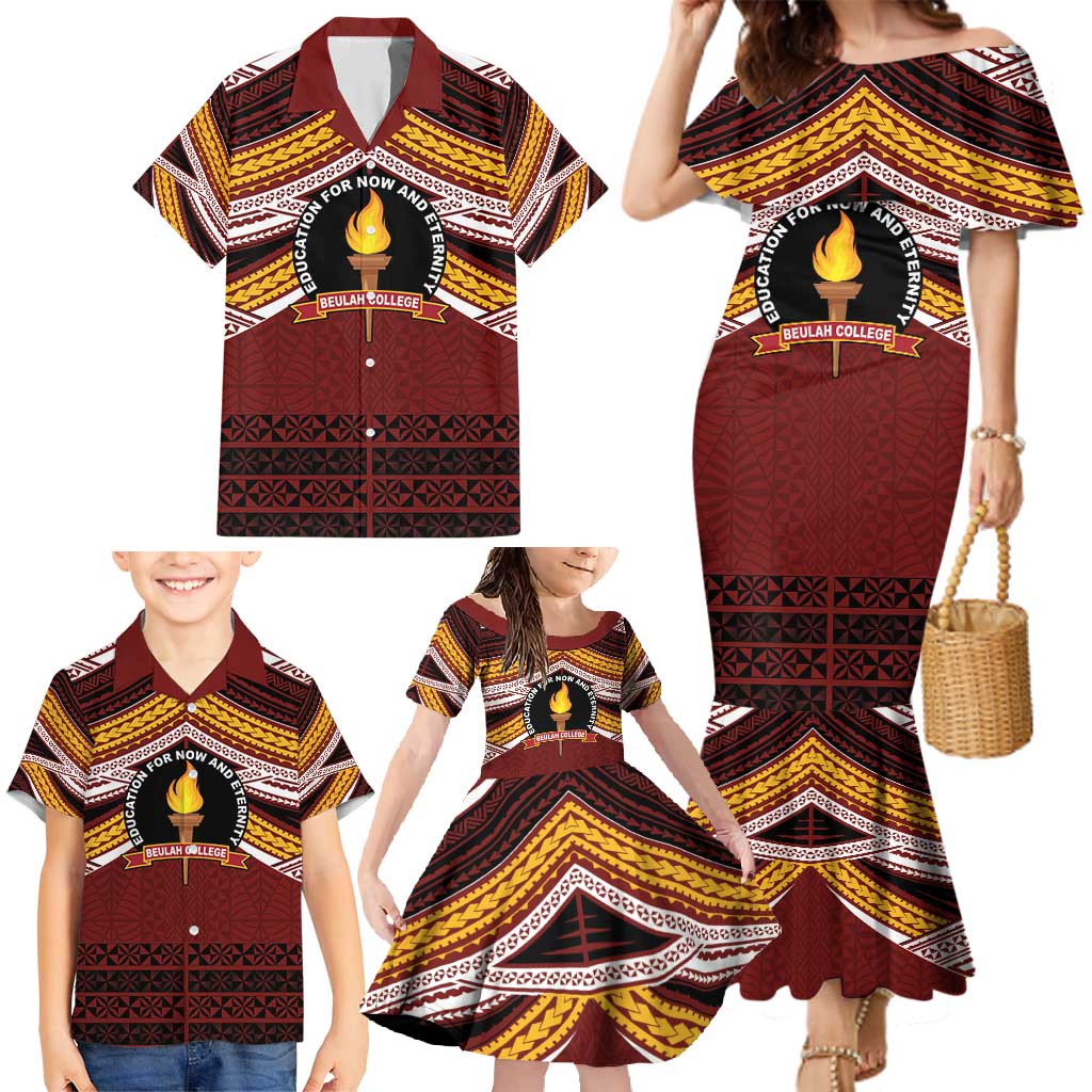 Personalised Tonga Beulah College Family Matching Mermaid Dress and Hawaiian Shirt Polynesian Ngatu Tribal