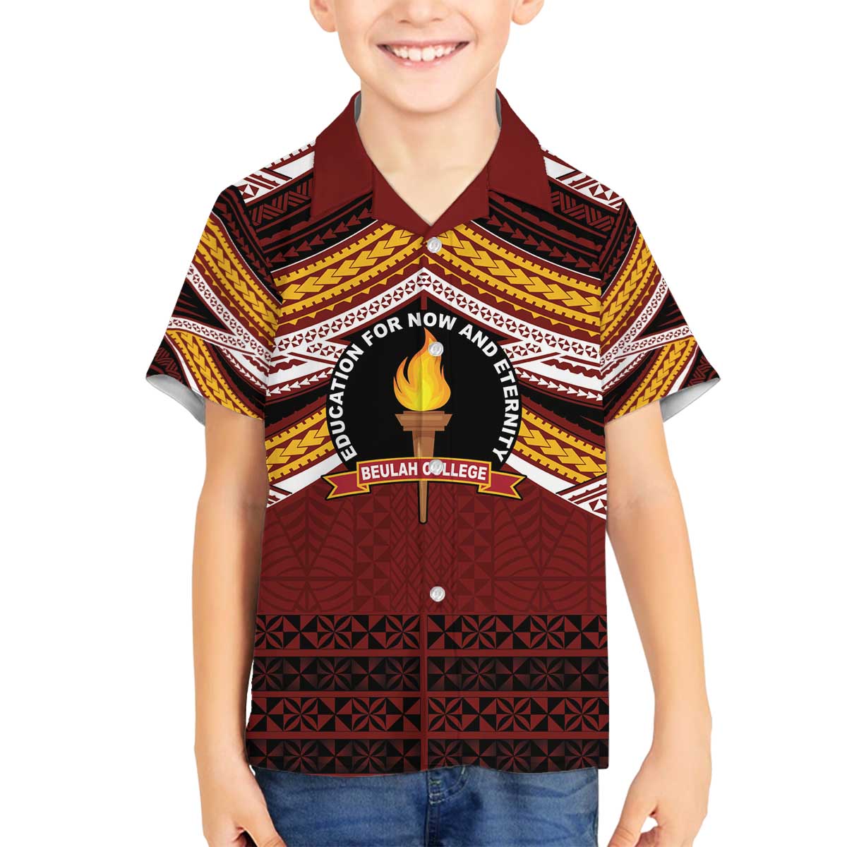 Personalised Tonga Beulah College Family Matching Off The Shoulder Long Sleeve Dress and Hawaiian Shirt Polynesian Ngatu Tribal