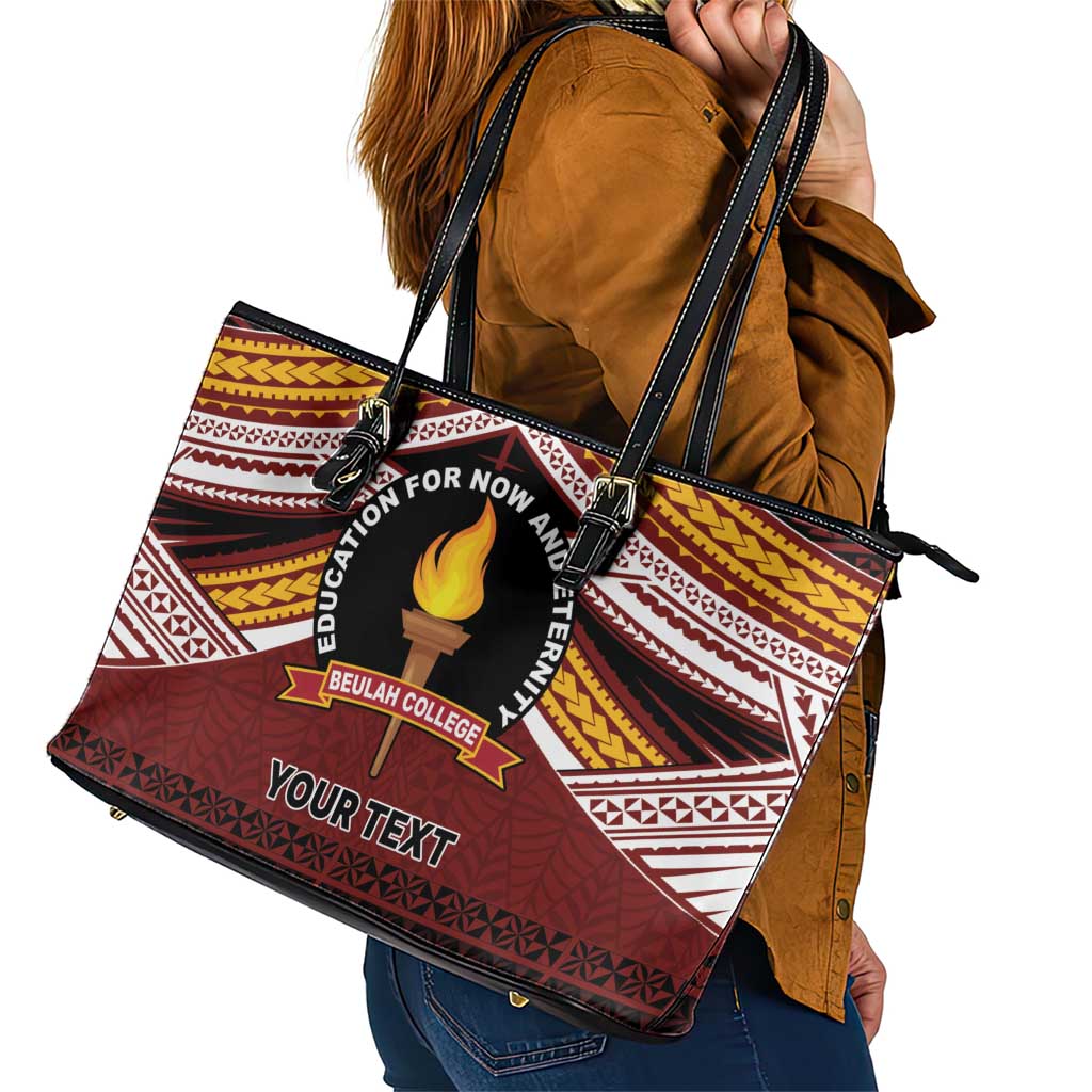 Personalised Tonga Beulah College Leather Tote Bag Polynesian Ngatu Tribal