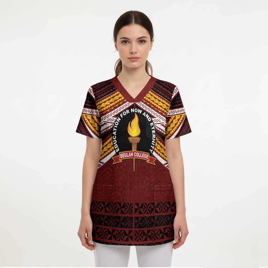 Personalised Tonga Beulah College Scrub Top Polynesian Ngatu Tribal - Polynesian Pride