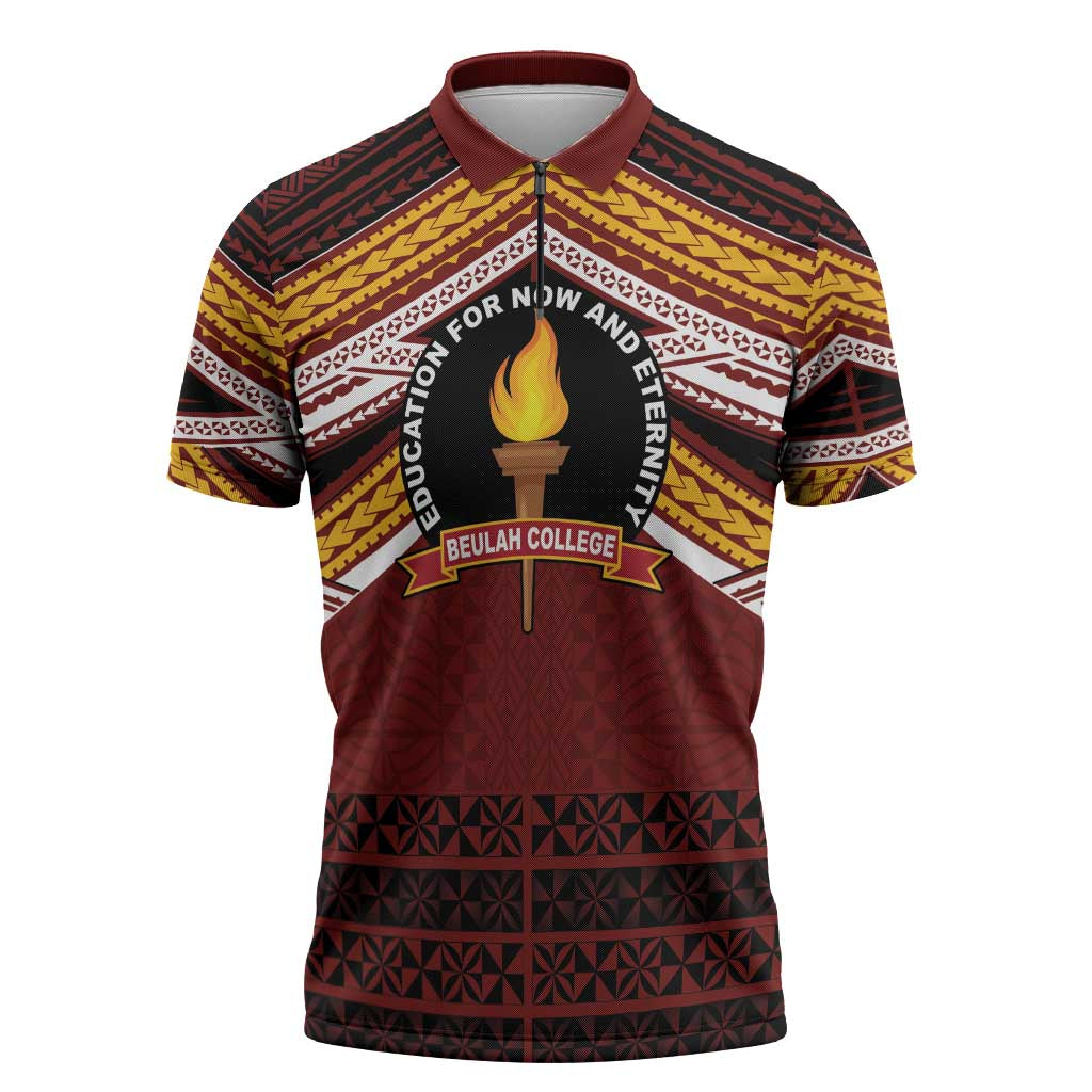 Personalised Tonga Beulah College Zipper Polo Shirt Polynesian Ngatu Tribal - Polynesian Pride