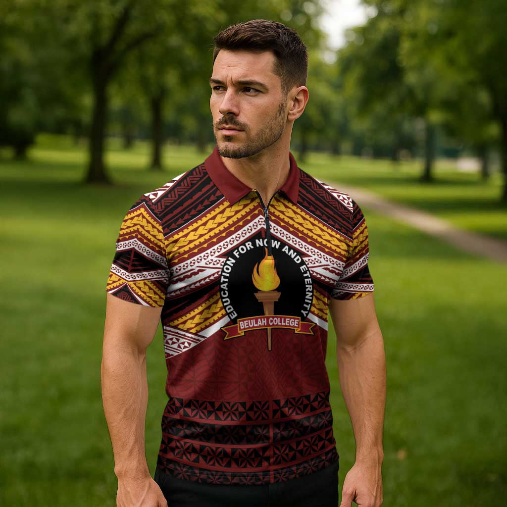Personalised Tonga Beulah College Zipper Polo Shirt Polynesian Ngatu Tribal - Polynesian Pride