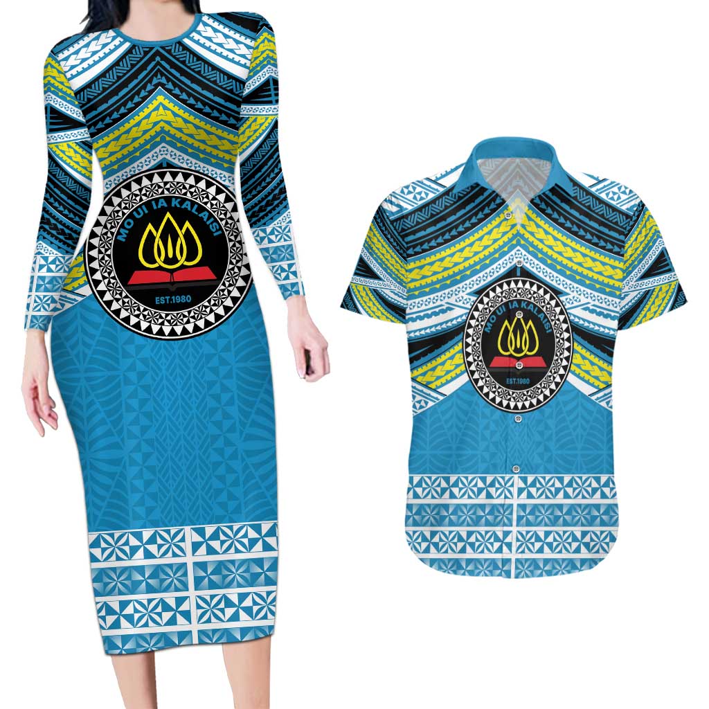 Personalised Tonga Lavengamalie College Couples Matching Long Sleeve Bodycon Dress and Hawaiian Shirt Polynesian Ngatu Tribal