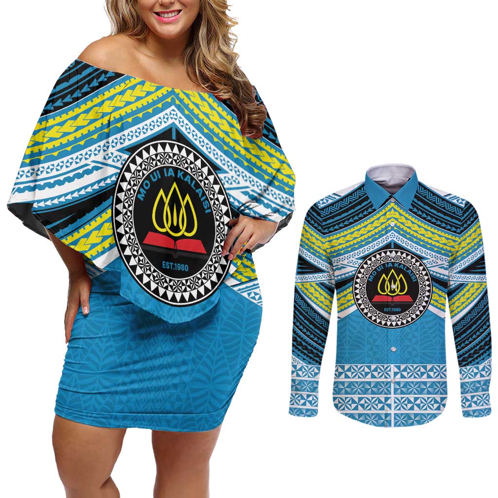 Personalised Tonga Lavengamalie College Couples Matching Off Shoulder Short Dress and Long Sleeve Button Shirt Polynesian Ngatu Tribal