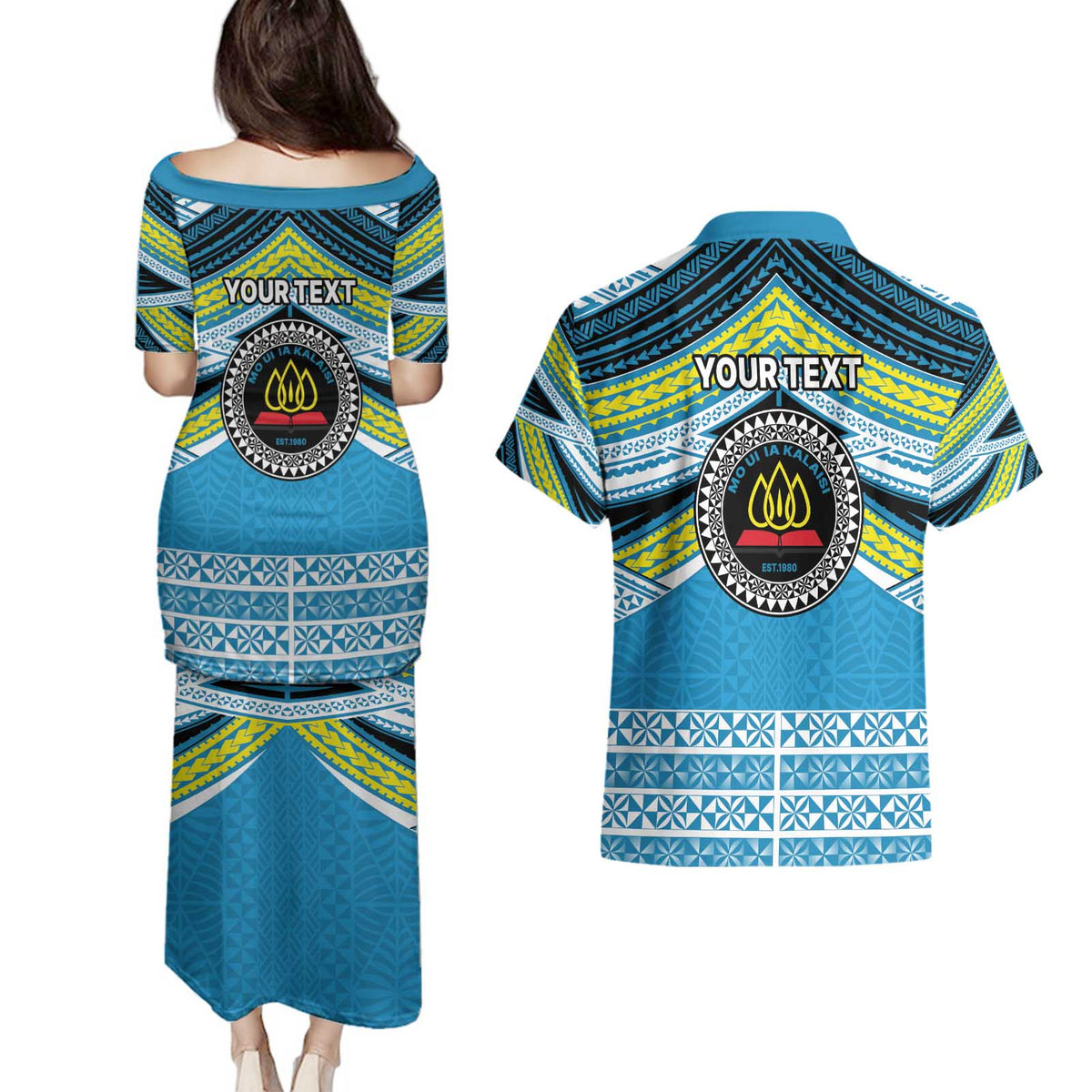 Personalised Tonga Lavengamalie College Couples Matching Puletasi and Hawaiian Shirt Polynesian Ngatu Tribal