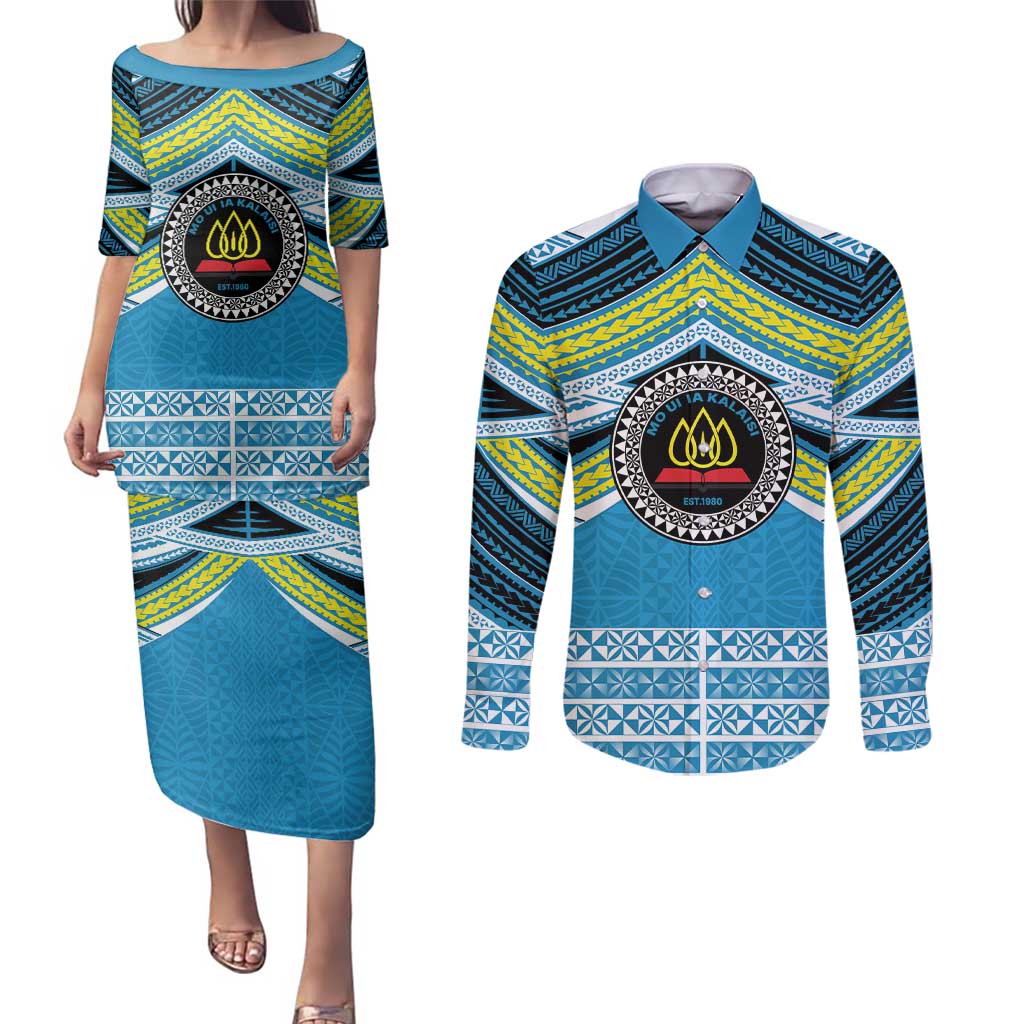 Personalised Tonga Lavengamalie College Couples Matching Puletasi and Long Sleeve Button Shirt Polynesian Ngatu Tribal