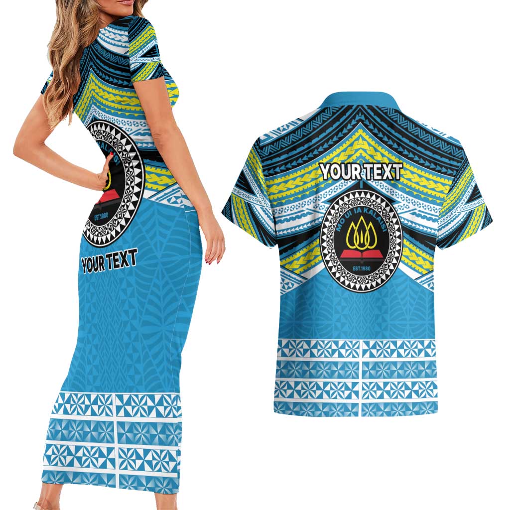 Personalised Tonga Lavengamalie College Couples Matching Short Sleeve Bodycon Dress and Hawaiian Shirt Polynesian Ngatu Tribal