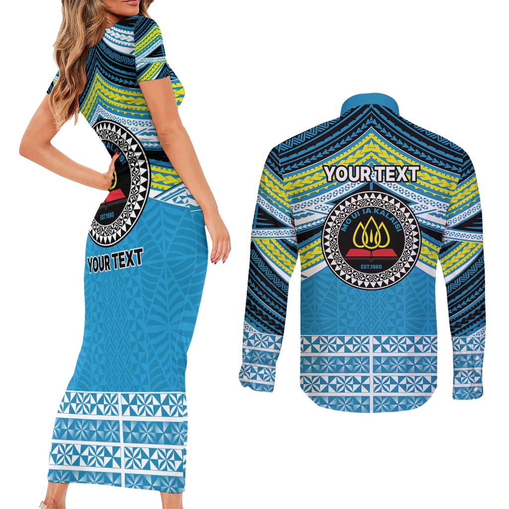 Personalised Tonga Lavengamalie College Couples Matching Short Sleeve Bodycon Dress and Long Sleeve Button Shirt Polynesian Ngatu Tribal