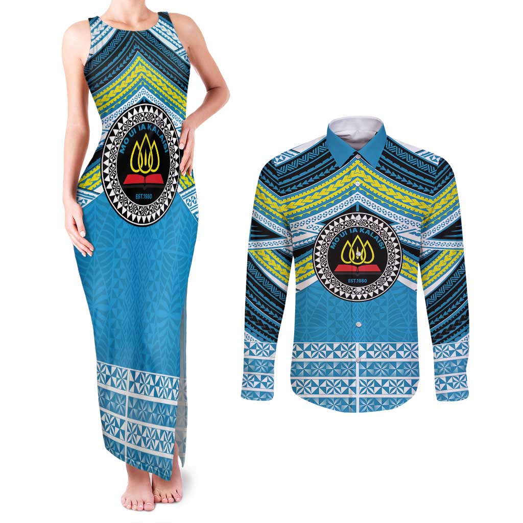Personalised Tonga Lavengamalie College Couples Matching Tank Maxi Dress and Long Sleeve Button Shirt Polynesian Ngatu Tribal