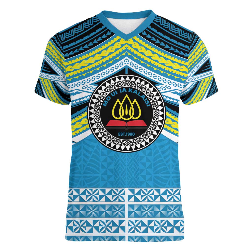 Personalised Tonga Lavengamalie College Women V-Neck T-Shirt Polynesian Ngatu Tribal