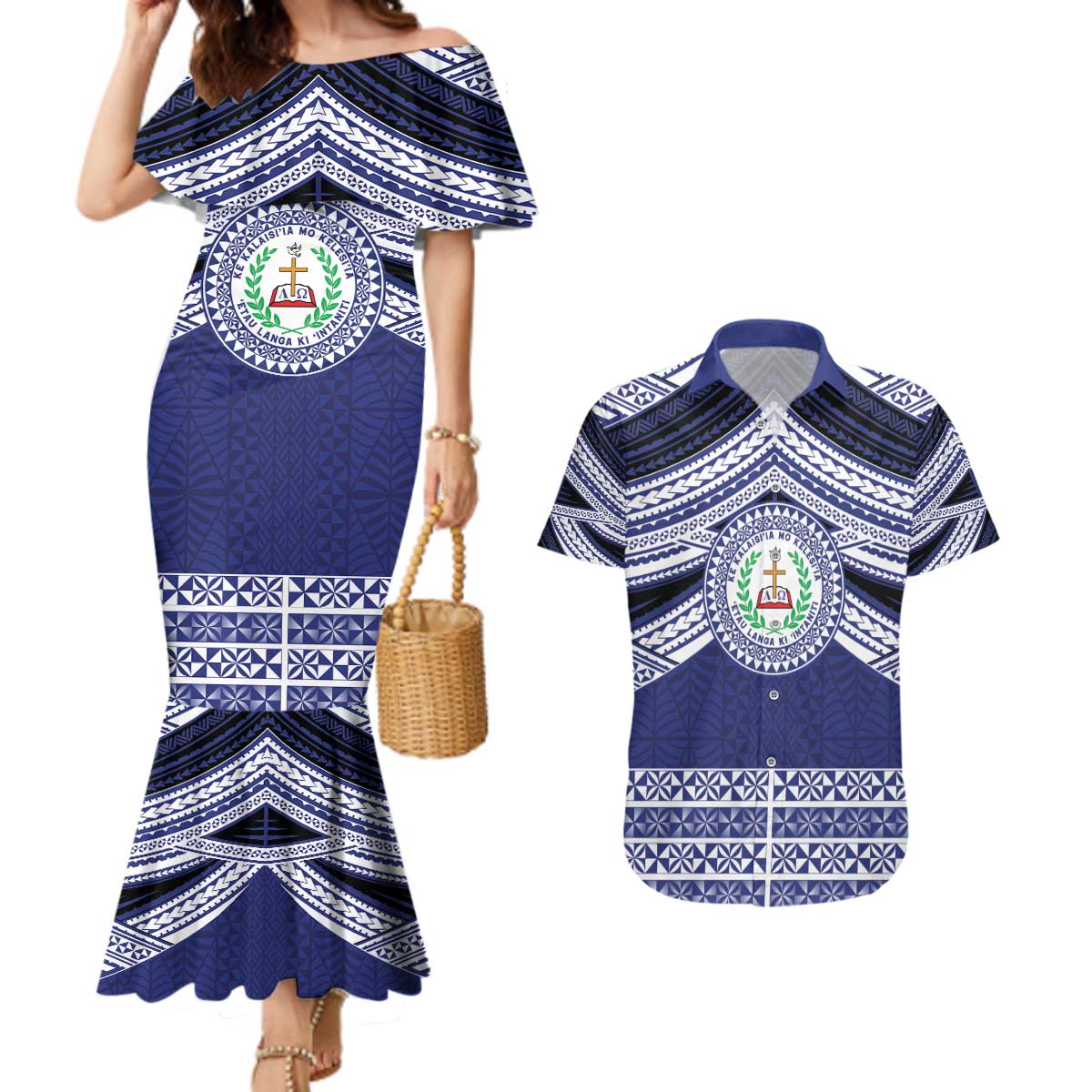 Personalised Tonga Sia'atoutai Theological College Couples Matching Mermaid Dress and Hawaiian Shirt Polynesian Ngatu Tribal