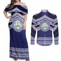 Personalised Tonga Sia'atoutai Theological College Couples Matching Off Shoulder Maxi Dress and Long Sleeve Button Shirt Polynesian Ngatu Tribal