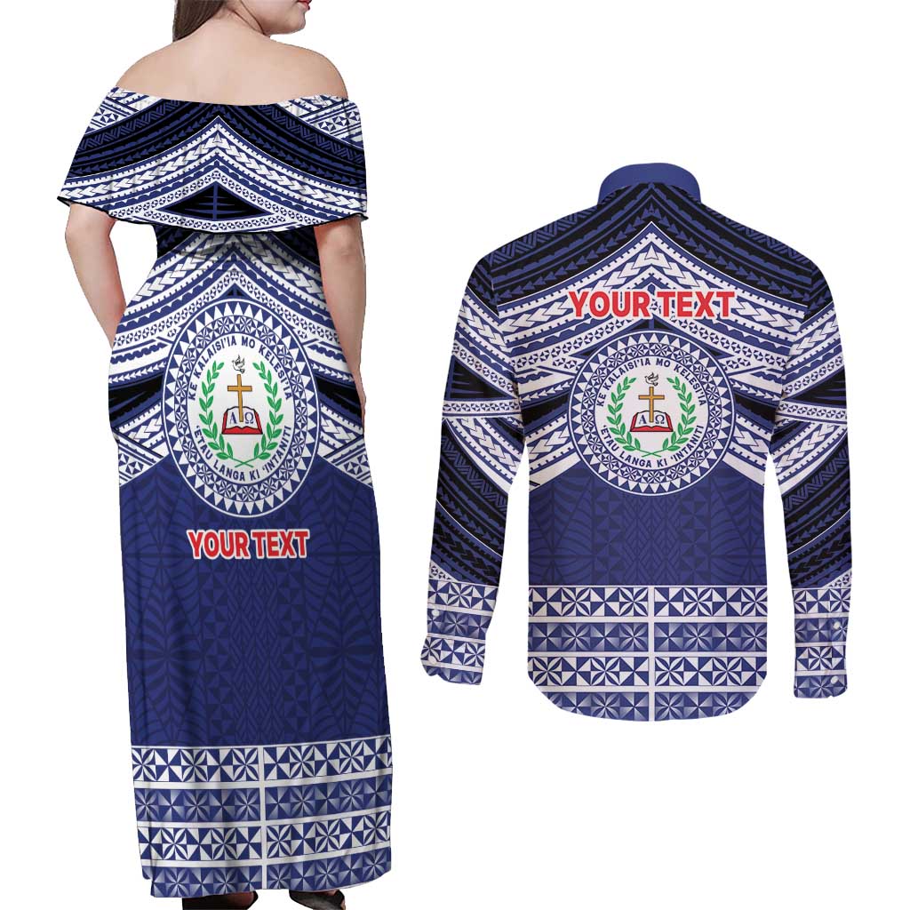 Personalised Tonga Sia'atoutai Theological College Couples Matching Off Shoulder Maxi Dress and Long Sleeve Button Shirt Polynesian Ngatu Tribal