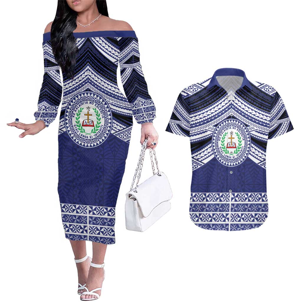 Personalised Tonga Sia'atoutai Theological College Couples Matching Off The Shoulder Long Sleeve Dress and Hawaiian Shirt Polynesian Ngatu Tribal
