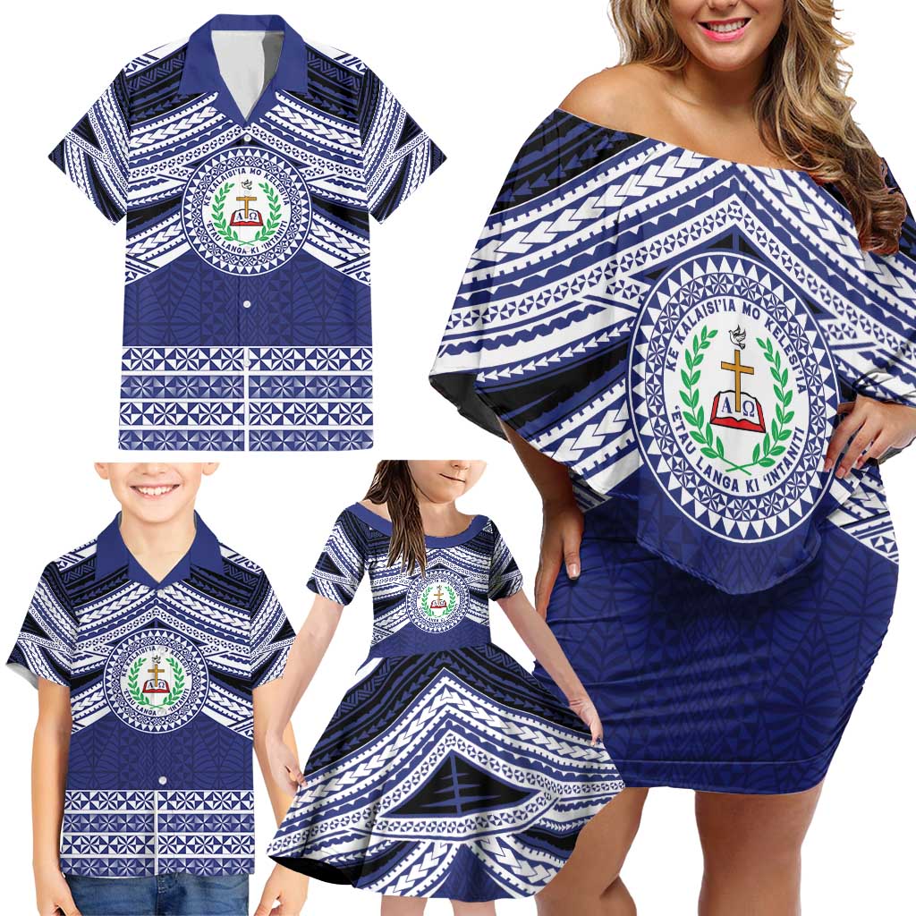 Personalised Tonga Sia'atoutai Theological College Family Matching Off Shoulder Short Dress and Hawaiian Shirt Polynesian Ngatu Tribal